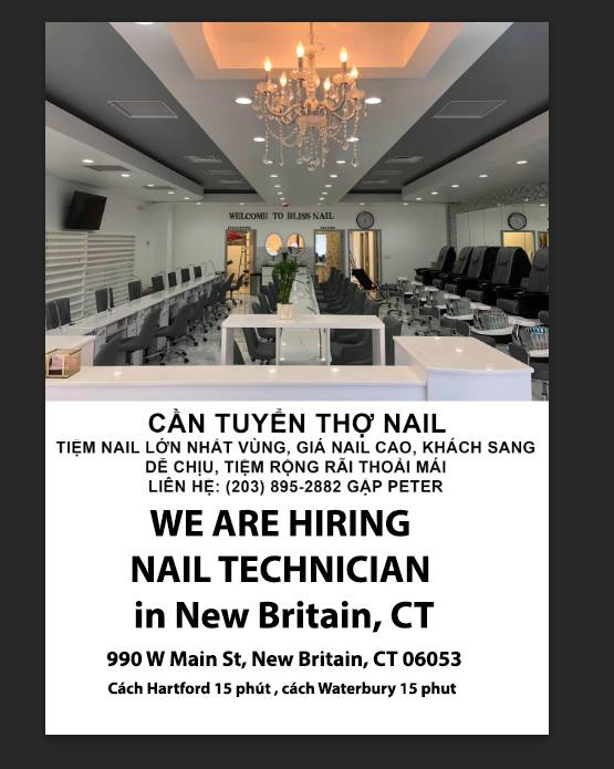 Bliss Nail-Cần tuyển thợ Nail khu New Britain, CT